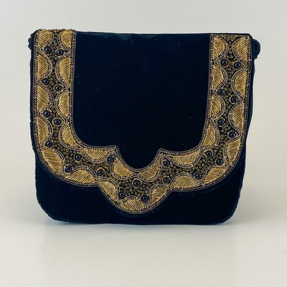 Black Velvet Boho Clutch Gold Embroidered Handbag - Picture 4 of 4